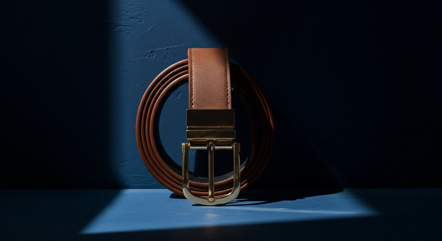 Ceinture homme en cuir pleine fleur marron enroulée avec boucle métallique, mise en scène élégante sur fond sombre, symbole de luxe et de durabilité