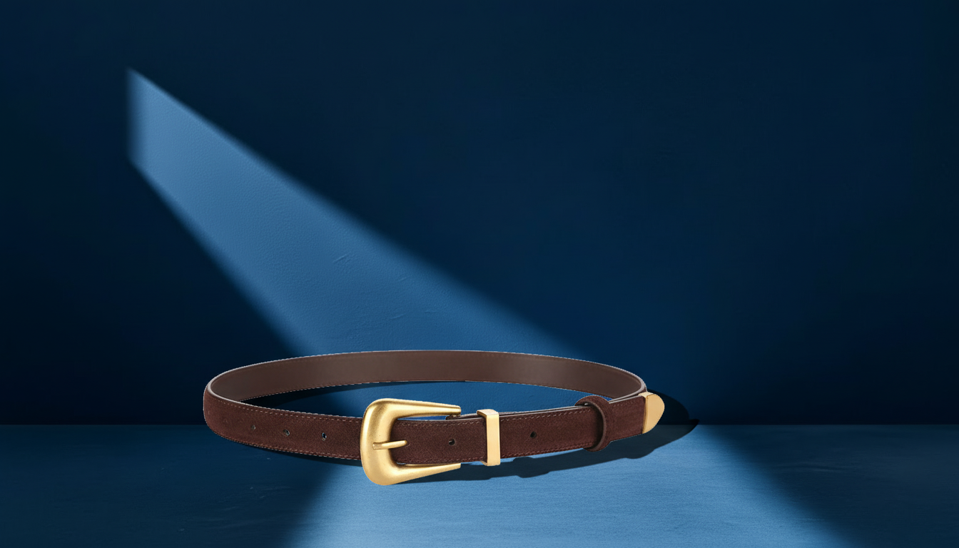 Ceinture en daim marron pour homme avec boucle dorée sur fond bleu