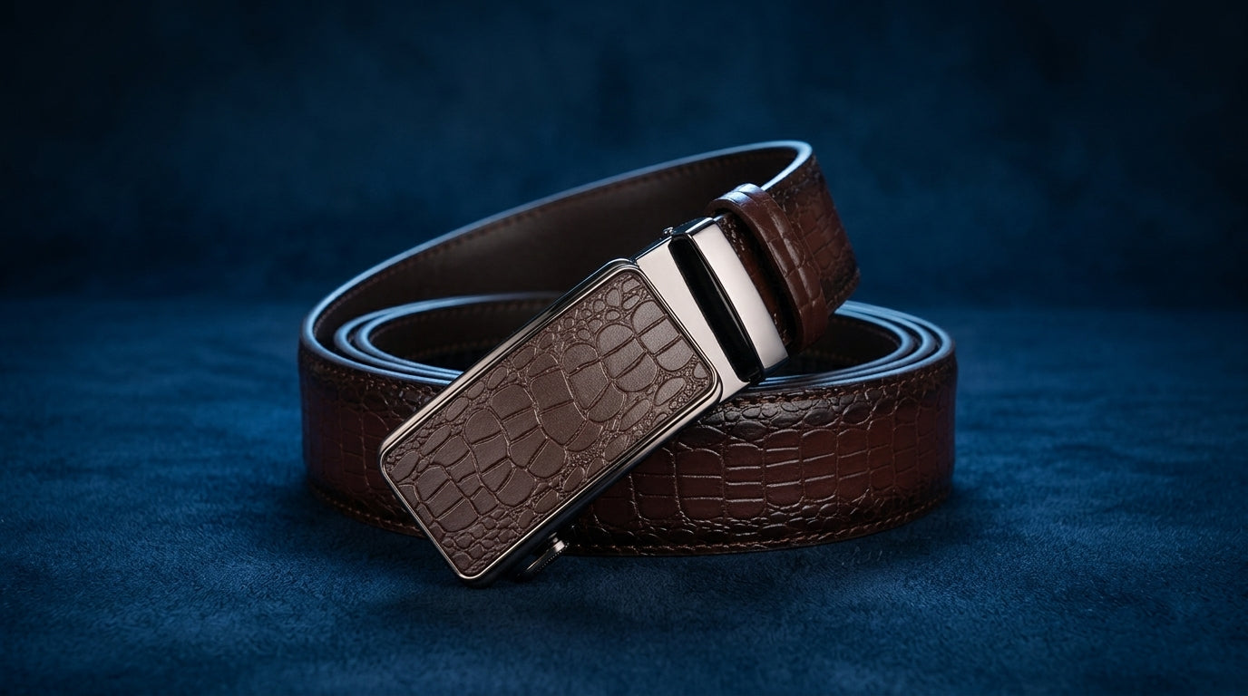 Ceinture homme bordeaux à boucle automatique, finition effet crocodile sur fond bleu