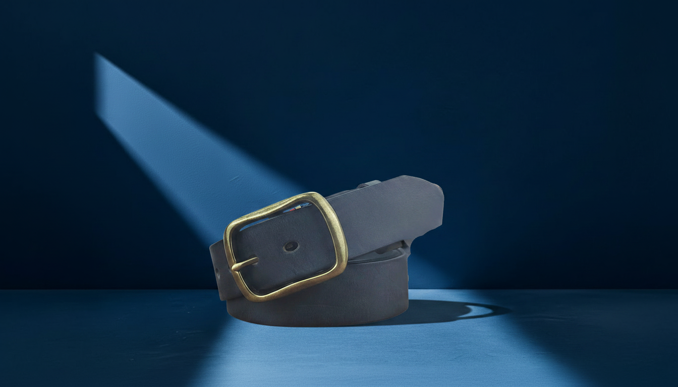Ceinture homme bleue en cuir avec boucle ardillon dorée, mise en scène élégante sur fond bleu moderne