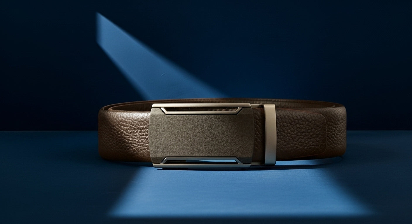 Ceinture homme cuir marron à boucle automatique moderne, texture grainée, style élégant et contemporain
