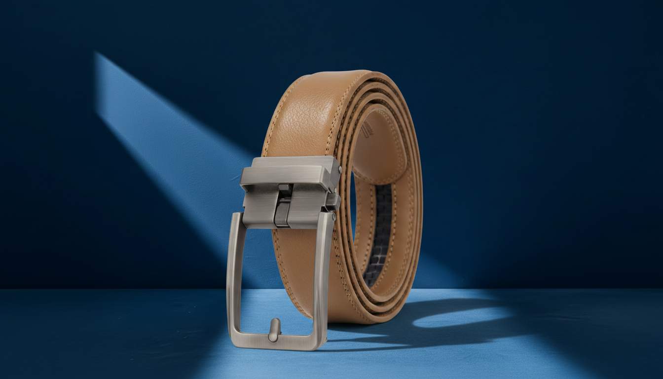 Ceinture homme en cuir camel avec boucle automatique en métal brossé sur fond bleu