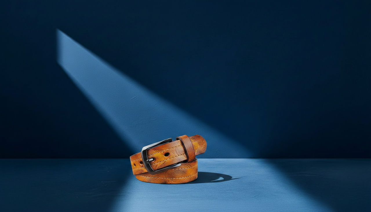 Ceinture homme marron cognac en cuir avec boucle ardillon sous lumière élégante