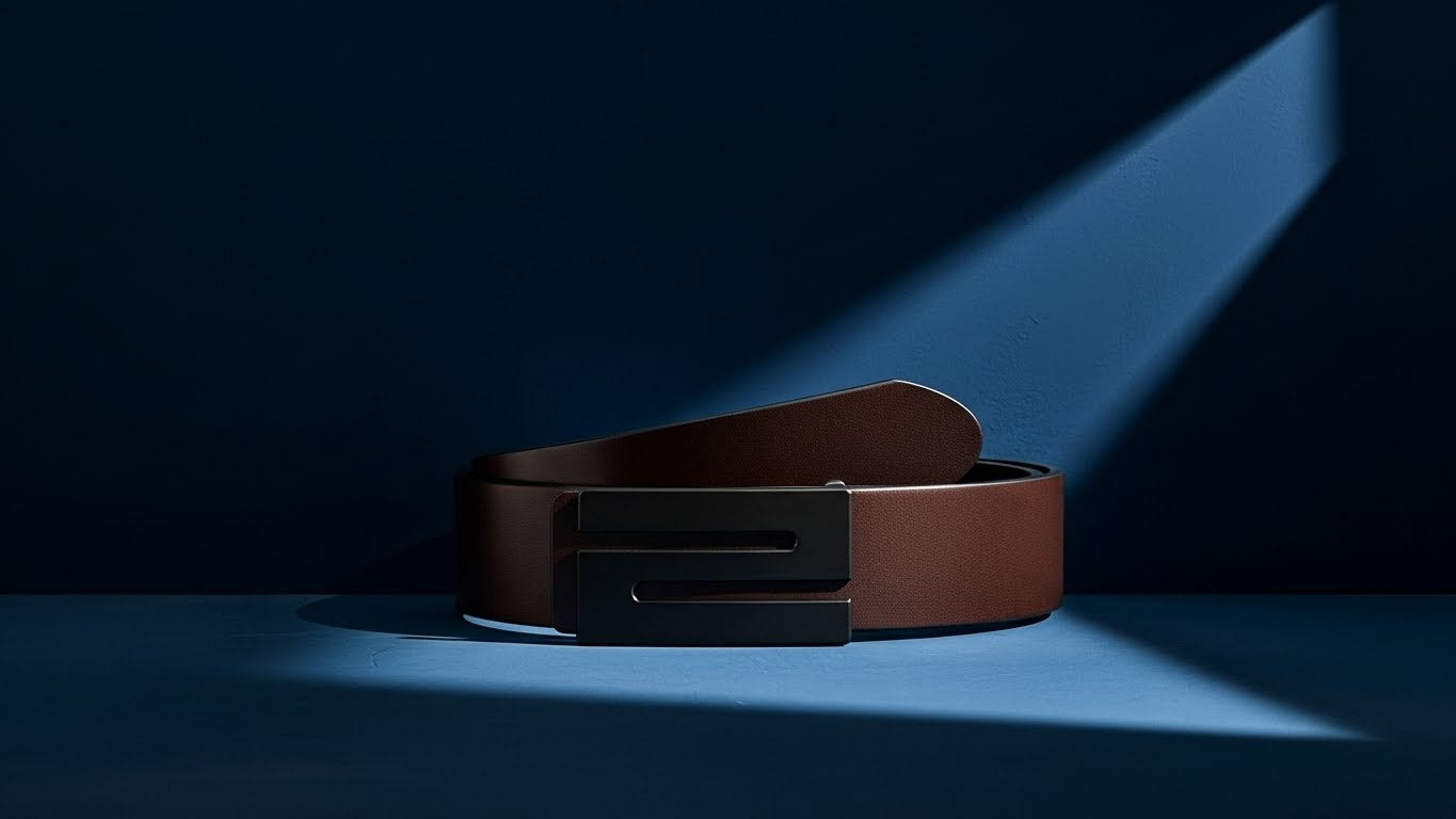 Ceinture homme en cuir marron avec boucle noire design, posée sur fond bleu