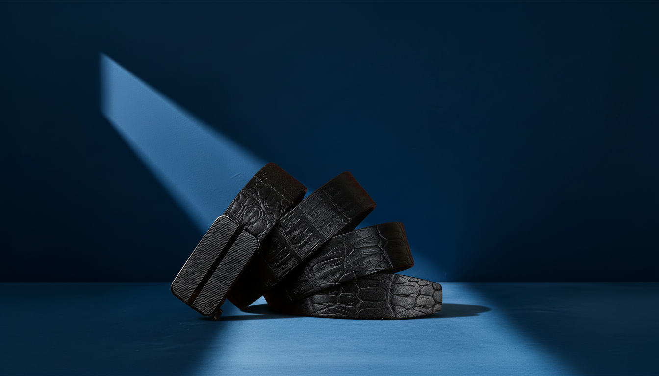 Ceinture homme noire en cuir posée en studio sur fond bleu avec effet de lumière dramatique.