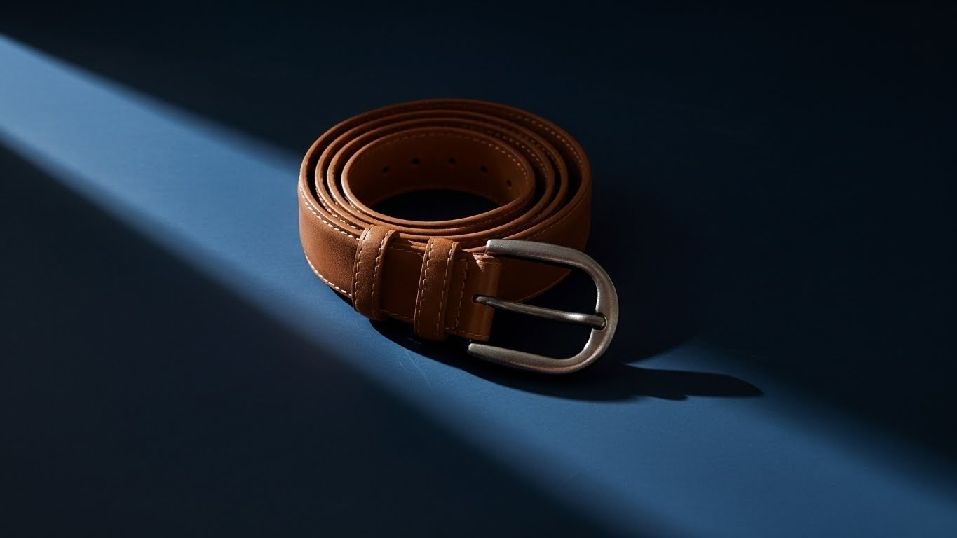 Ceinture en cuir marron avec boucle ardillon métallique, enroulée et posée sur fond bleu avec éclairage en clair-obscur