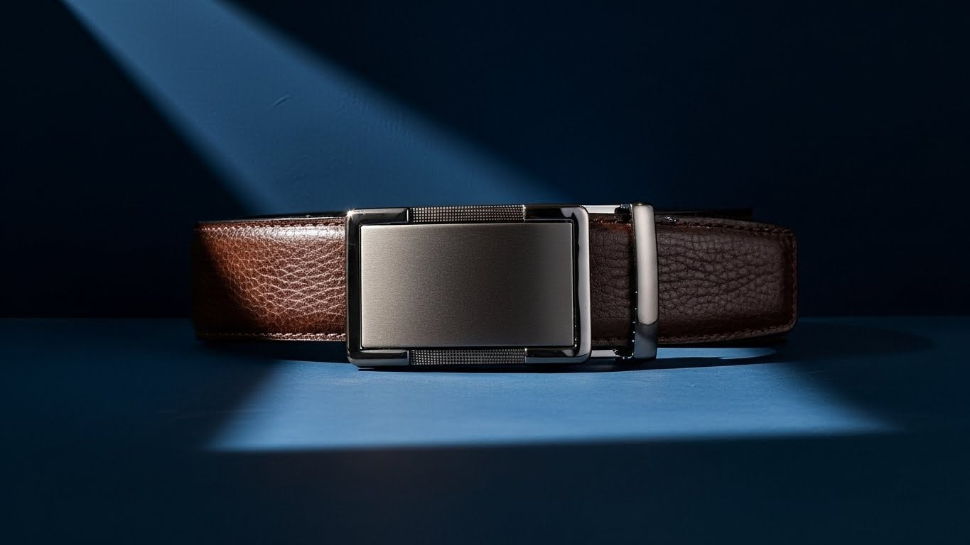 Ceinture homme en cuir marron grainé avec boucle automatique rectangulaire métal