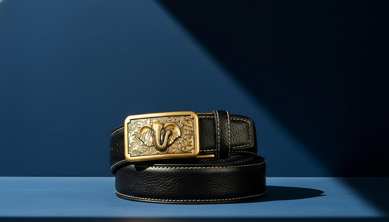 Ceinture homme en cuir noir grainé avec boucle dorée gravée motif éléphant, accessoire masculin élégant et durable
