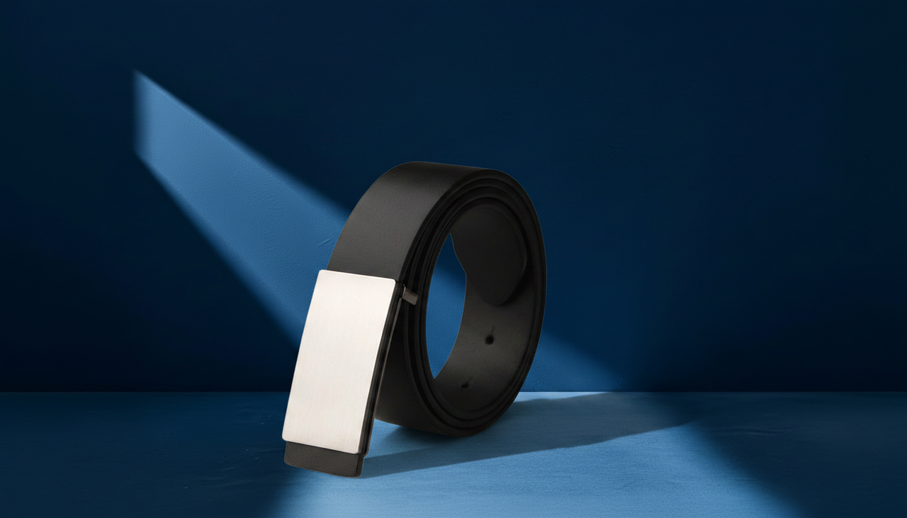 Ceinture homme en cuir noir avec boucle argent rectangulaire, design élégant et moderne