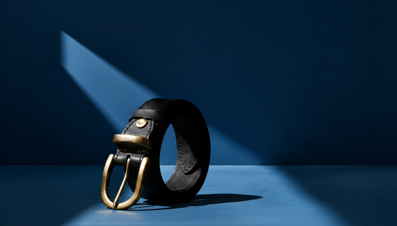 Ceinture homme en cuir noir avec boucle cuivre vintage sous lumière bleue élégante