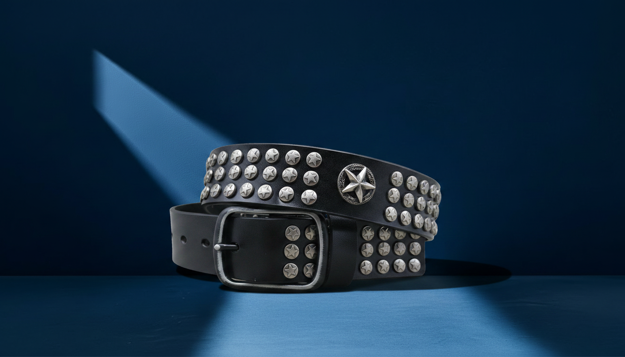 Ceinture homme en cuir noir cloutée avec boucle ardillon métal et détails étoiles argentées