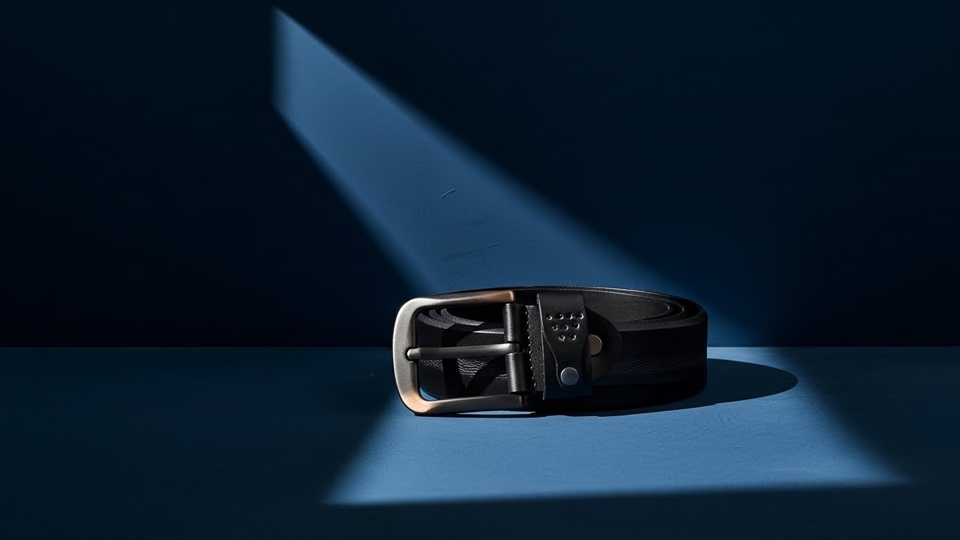 Ceinture en cuir noir avec boucle ardillon en métal brossé mise en lumière sur fond sombre, illustrant le style masculin