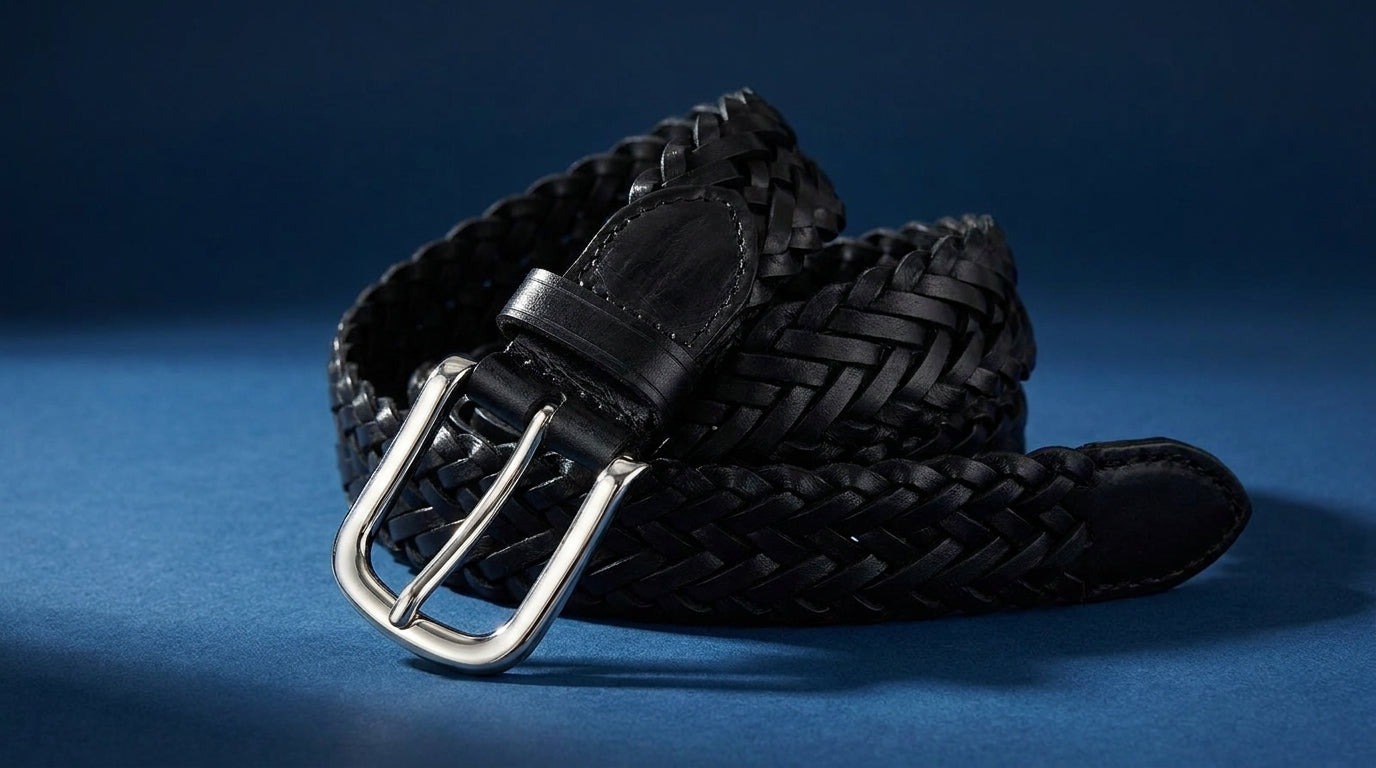 Ceinture homme noire tressée en cuir avec boucle argentée