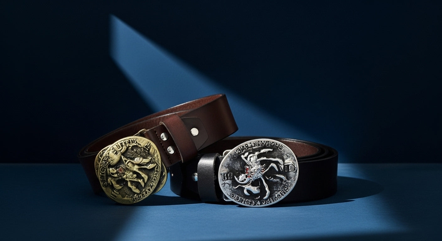 Ceintures homme en cuir marron et noir avec boucles métalliques sculptées style vintage luxe sur fond sombre éclairage studio