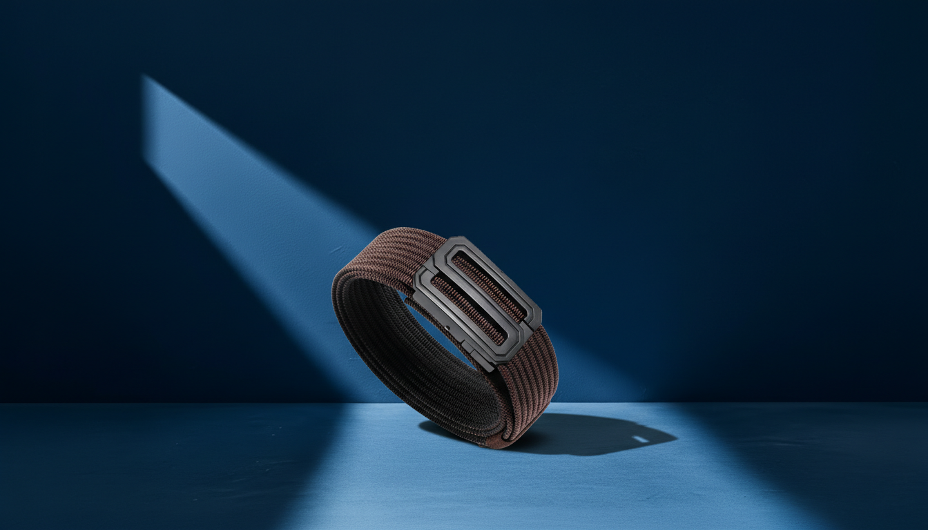 Ceinture homme en tissu marron avec boucle tactique noire, accessoire casual moderne pour look urbain et outdoor, légère et confortable