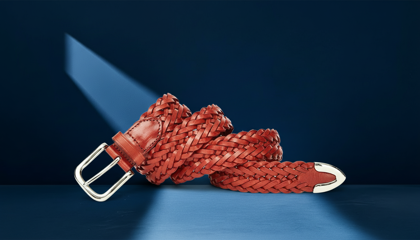 Ceinture tressée homme marron cognac en cuir avec boucle argentée sur fond bleu élégant
