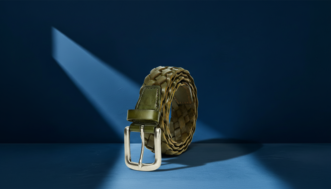 Ceinture tressée en cuir vert pour homme avec boucle métallique, accessoire élégant posé sur fond bleu