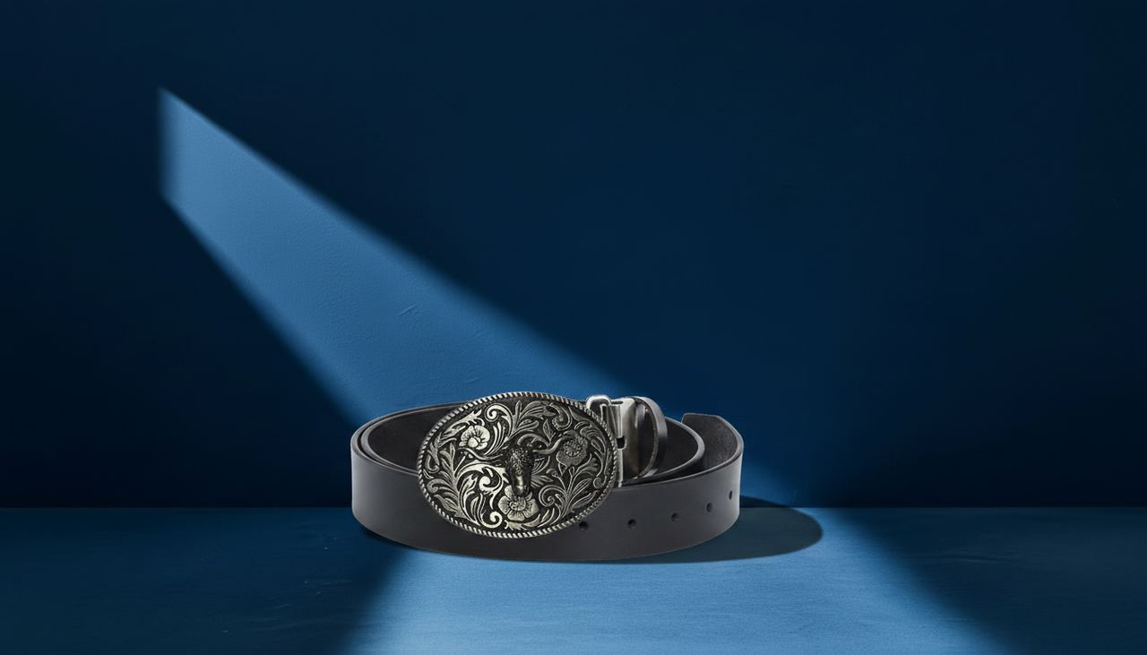 Ceinture western homme en cuir noir avec grande boucle argentée gravée posée sur fond bleu