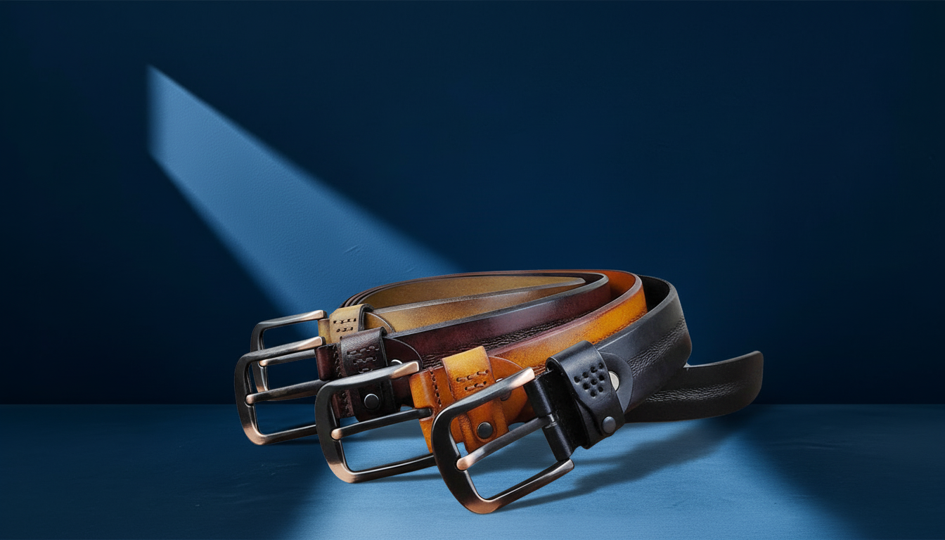 Collection de ceintures homme en cuir noir, marron et cognac avec boucles métalliques, élégantes et haut de gamme