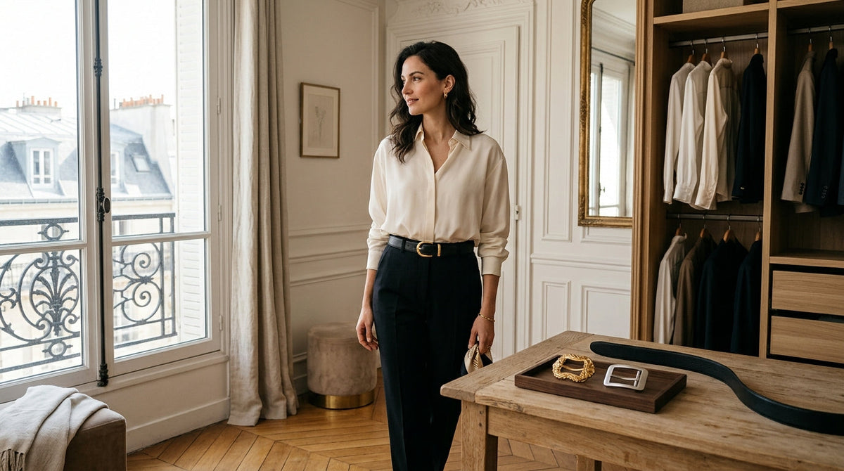 Élégante femme parisienne portant un pantalon noir taille haute et une ceinture en cuir noir avec boucle dorée interchangeable posée près d'autres boucles modulables