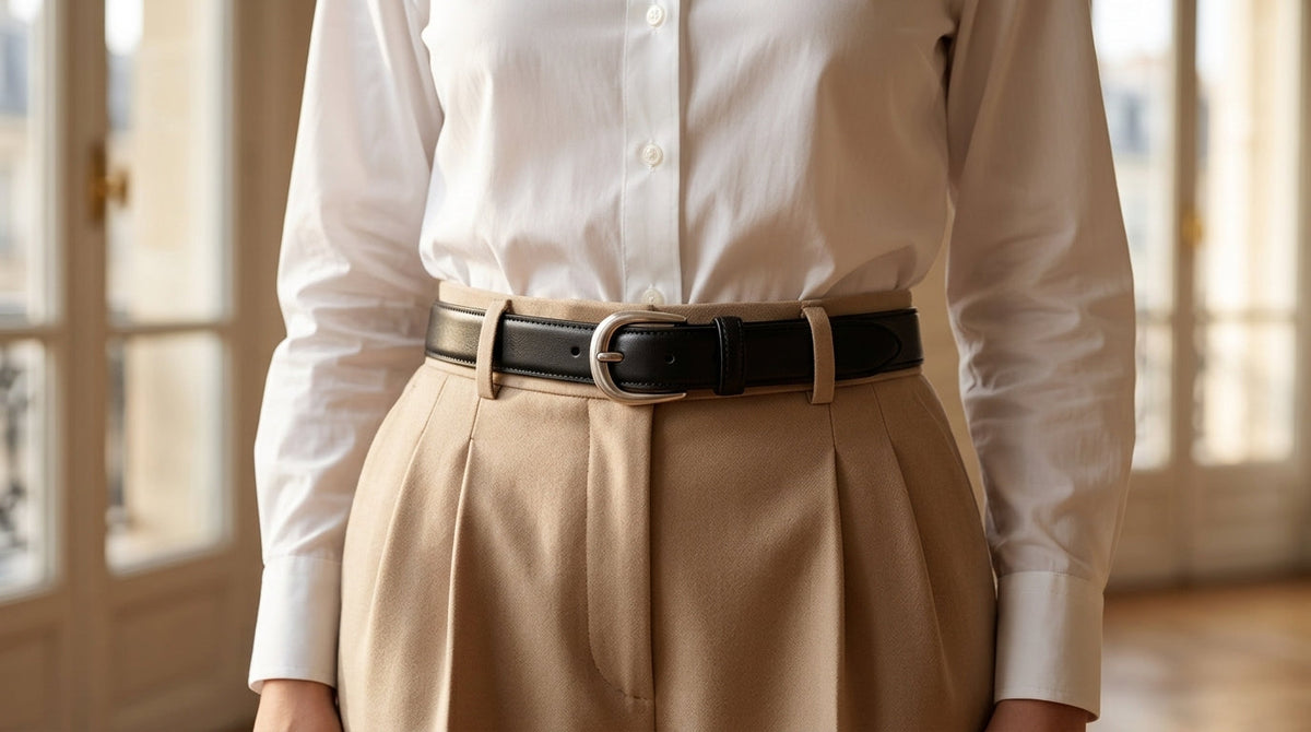Femme élégante portant un pantalon tailleur beige et chemise blanche avec une ceinture en cuir noir lisse à boucle ardillon arrondie argentée