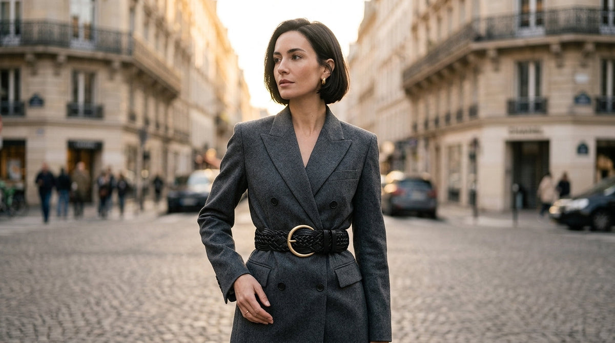 Femme élégante à Paris portant un blazer gris chiné oversize cintré par une ceinture large en cuir tressé avec grosse boucle dorée vintage