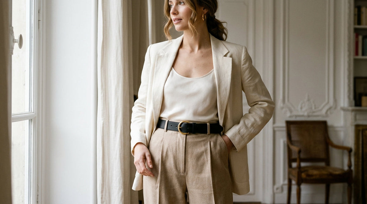 Femme élégante portant un pantalon tailleur beige et blazer ivoire avec une ceinture en cuir noir lisse à boucle dorée arrondie