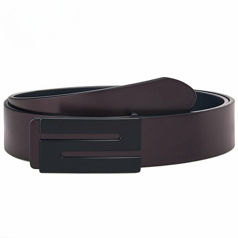 Ceinture homme Abbesses en cuir marron café avec boucle automatique rectangulaire noire au motif "S" stylisé.