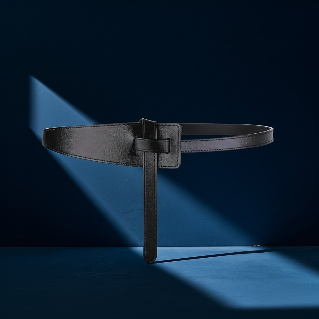 Ceinture Adèle noire en cuir refendu de vachette, design minimaliste avec boucle ton sur ton et système de nouage sans trou. #fullwidth