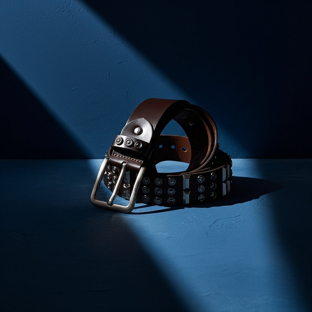 Ceinture Adrien pour homme, en cuir marron avec clous métalliques argentés et boucle ardillon rectangulaire, style rock et punk. #fullwidth
