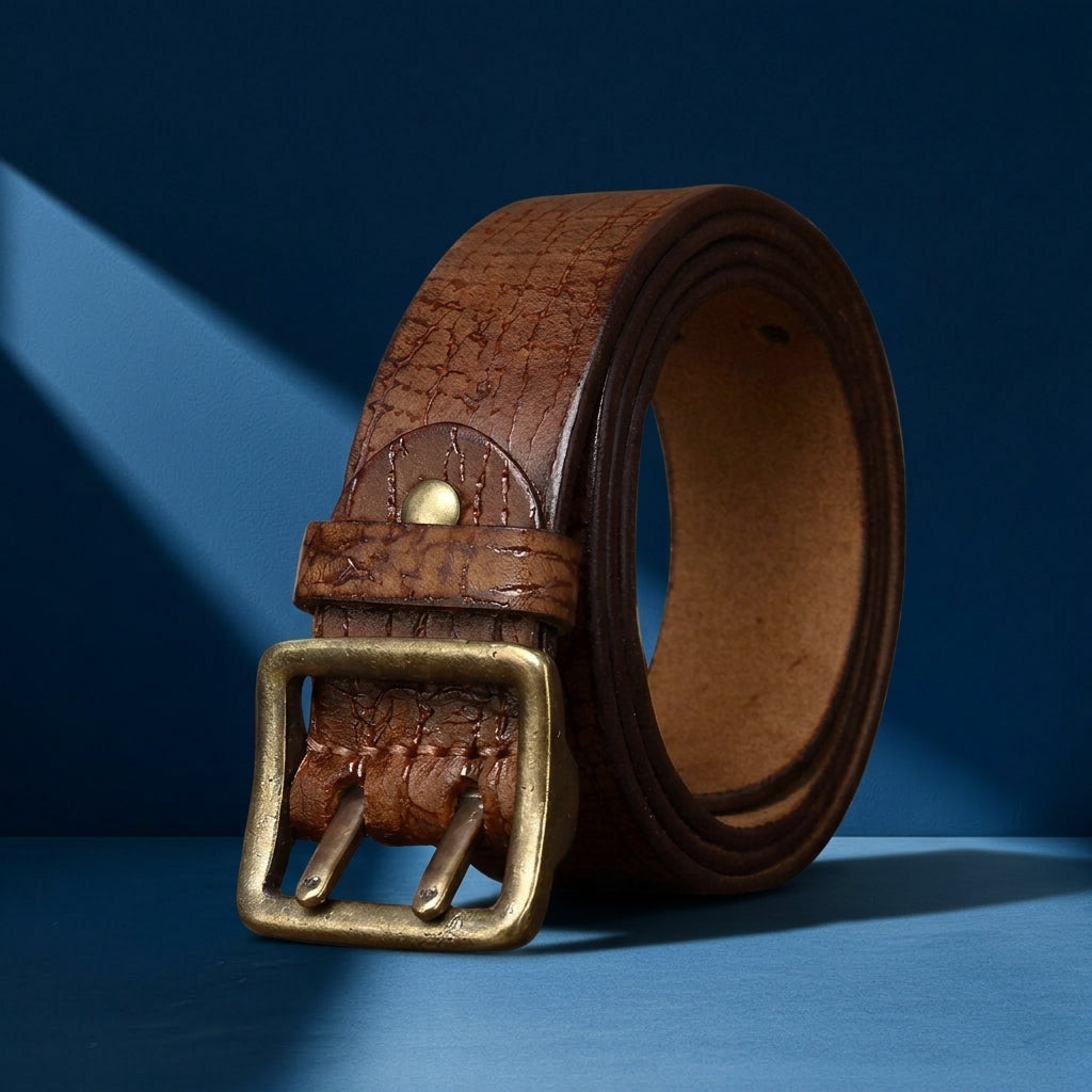 Ceinture Rohan en cuir de vachette pleine fleur marron avec texture craquelée vintage, dotée d'une boucle rectangulaire à double ardillon en cuivre vieilli @fullwidth