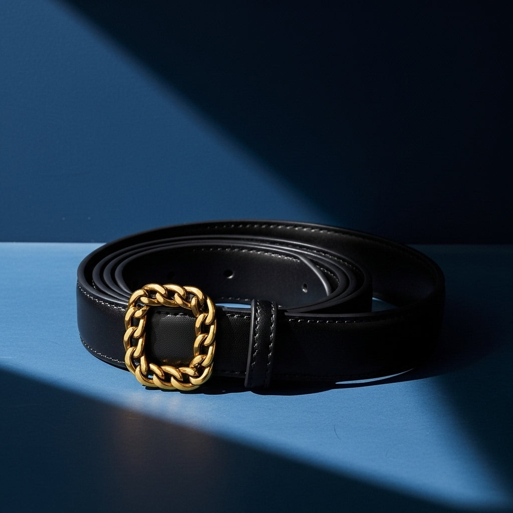 Ceinture noire pour femme Aigue-Marine, avec une boucle carrée décorative en métal doré aspect chaîne. #fullwidth