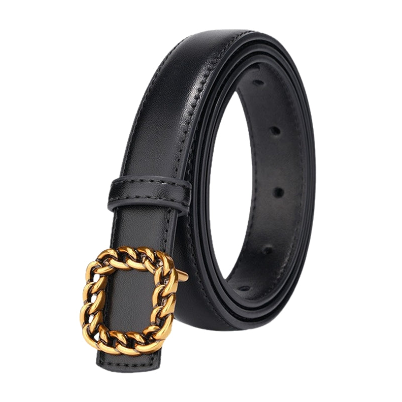 Ceinture noire en cuir pour femme Aigue-Marine avec une boucle décorative en forme de chaîne carrée dorée et un fini lisse.