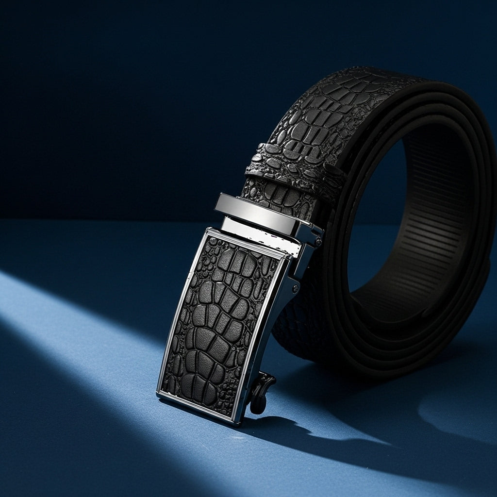 Ceinture Alban 1 noire en cuir pleine fleur avec boucle automatique rectangulaire et effet crocodile embossé #fullwidth