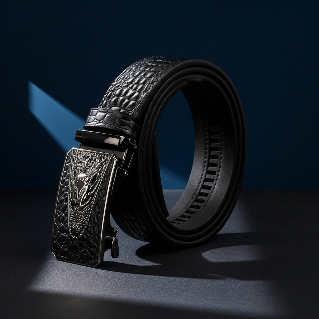 Ceinture Alban 3 noire en cuir pleine fleur avec boucle automatique rectangulaire ornée d'un motif crocodile embossé. #fullwidth