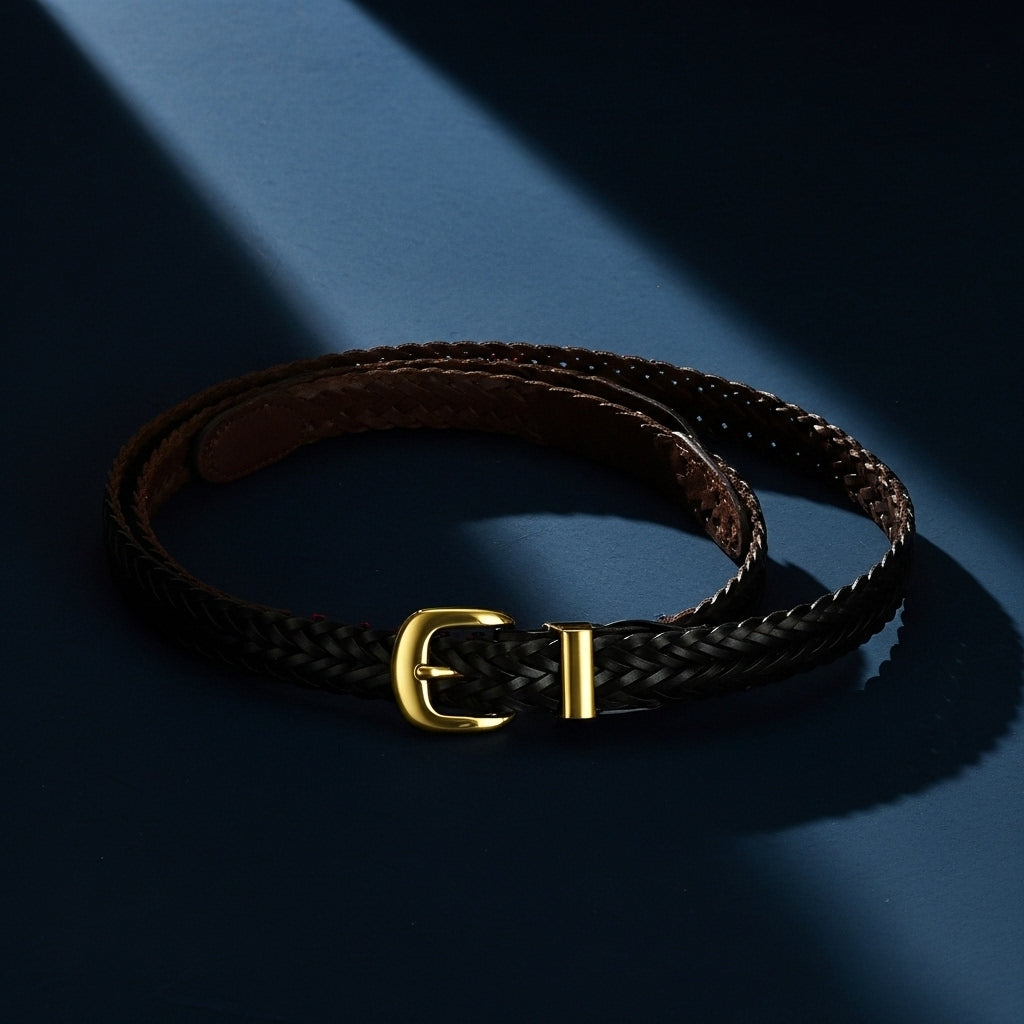Ceinture femme Albane en simili cuir tressé noir avec boucle ardillon dorée arrondie, sur fond bleu #fullwidth