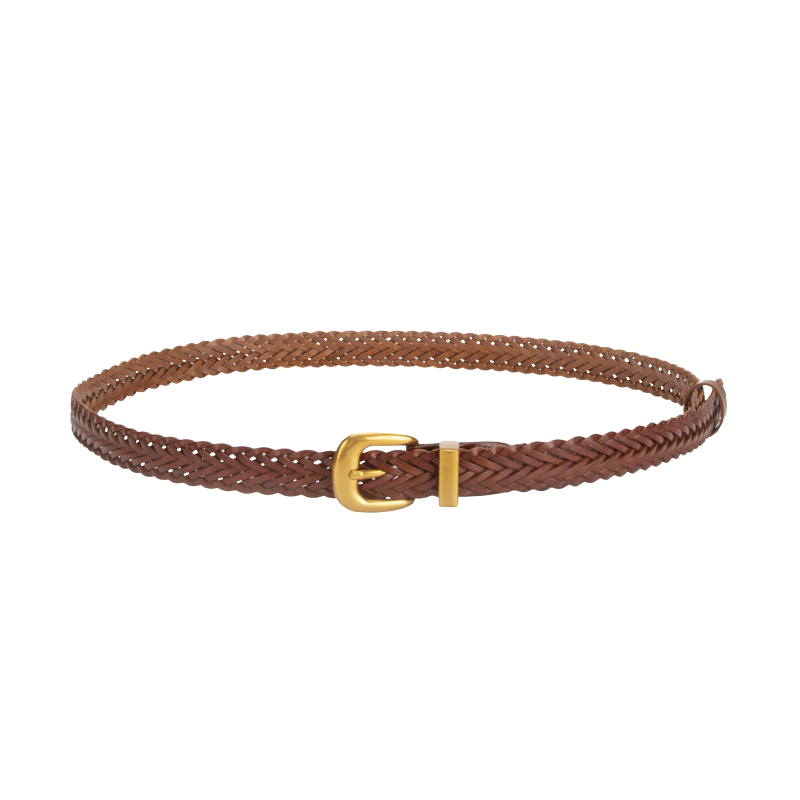 Ceinture femme Albane en simili cuir tressé marron avec boucle ardillon dorée arrondie.