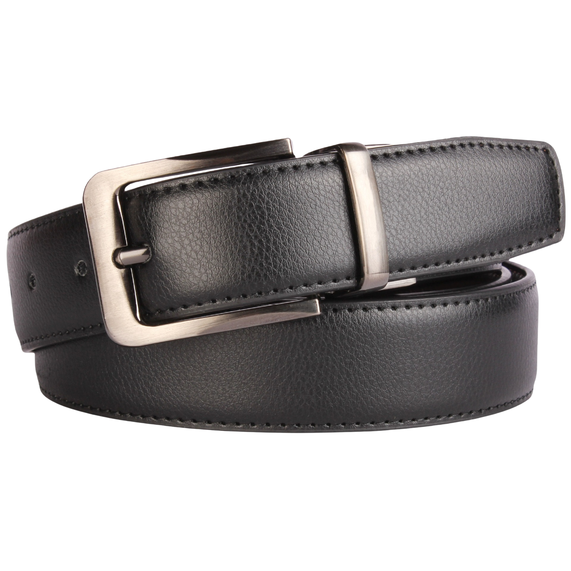 Ceinture Alexis 1 en cuir refendu grainé noir avec boucle ardillon argent et noir, largeur 3,3 cm.