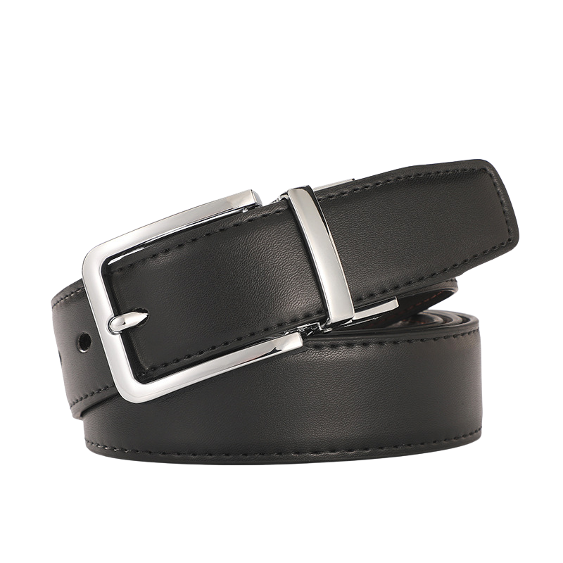 Ceinture Alexis 2 en cuir refendu lisse noir avec boucle ardillon argentée et réversible noir/argent.