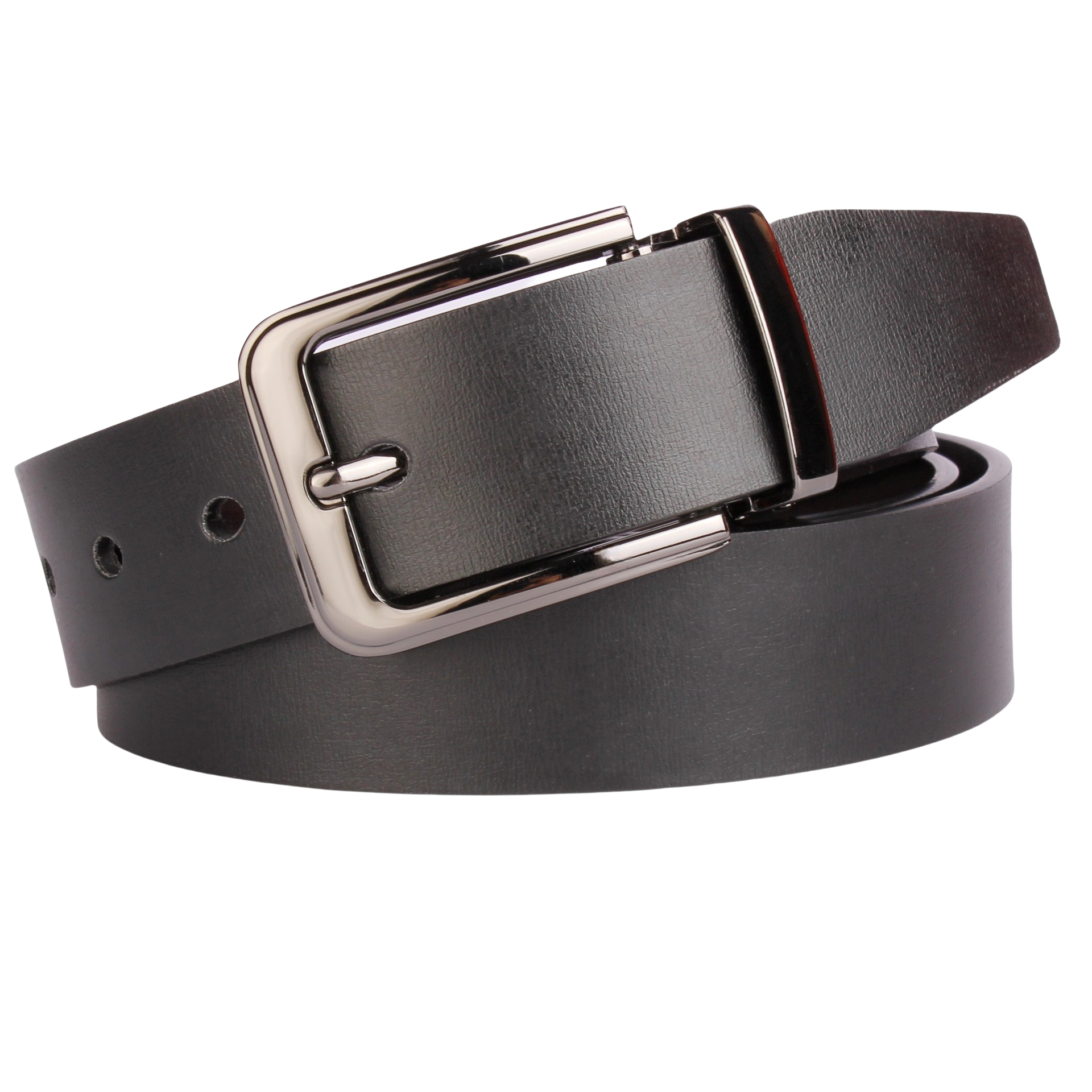 Ceinture unisexe Alexis 2 en cuir refendu lisse noir avec boucle ardillon argentée réversible.