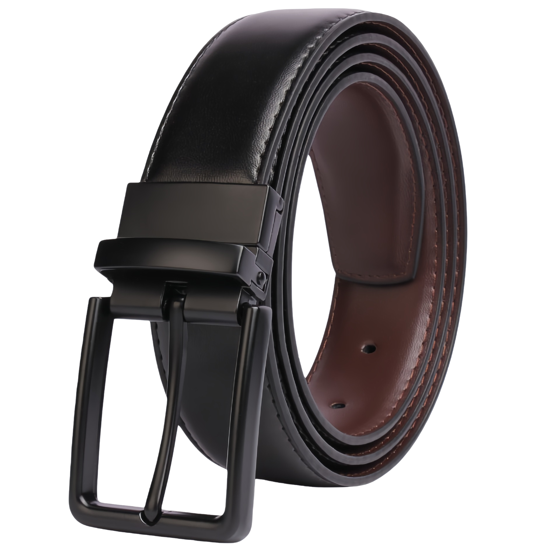 Ceinture homme Alexis 3 en cuir refendu lisse noir avec boucle ardillon rotative noire mate et finition intérieure marron.