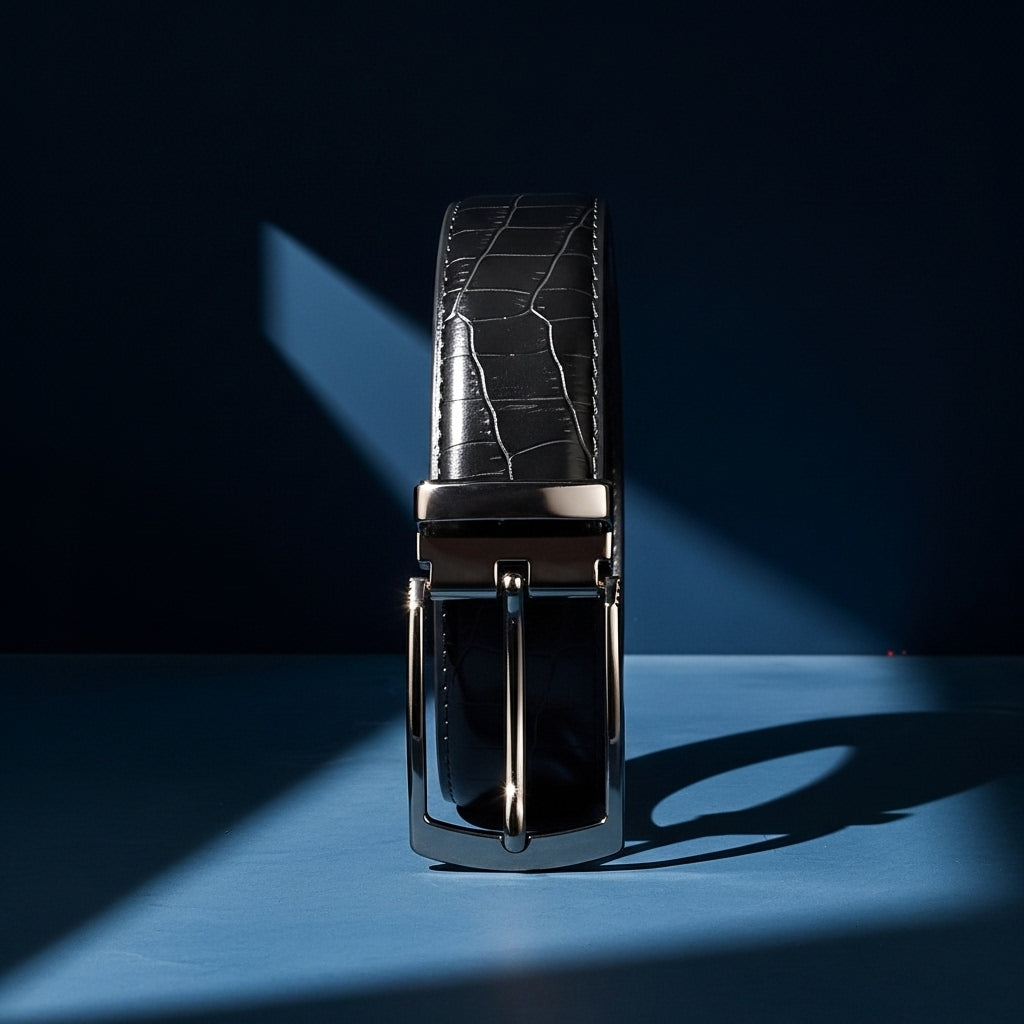 Ceinture Alexis 4 noire en cuir refendu effet crocodile avec boucle ardillon argentée, sur fond bleu avec éclairage dramatique #fullwidth