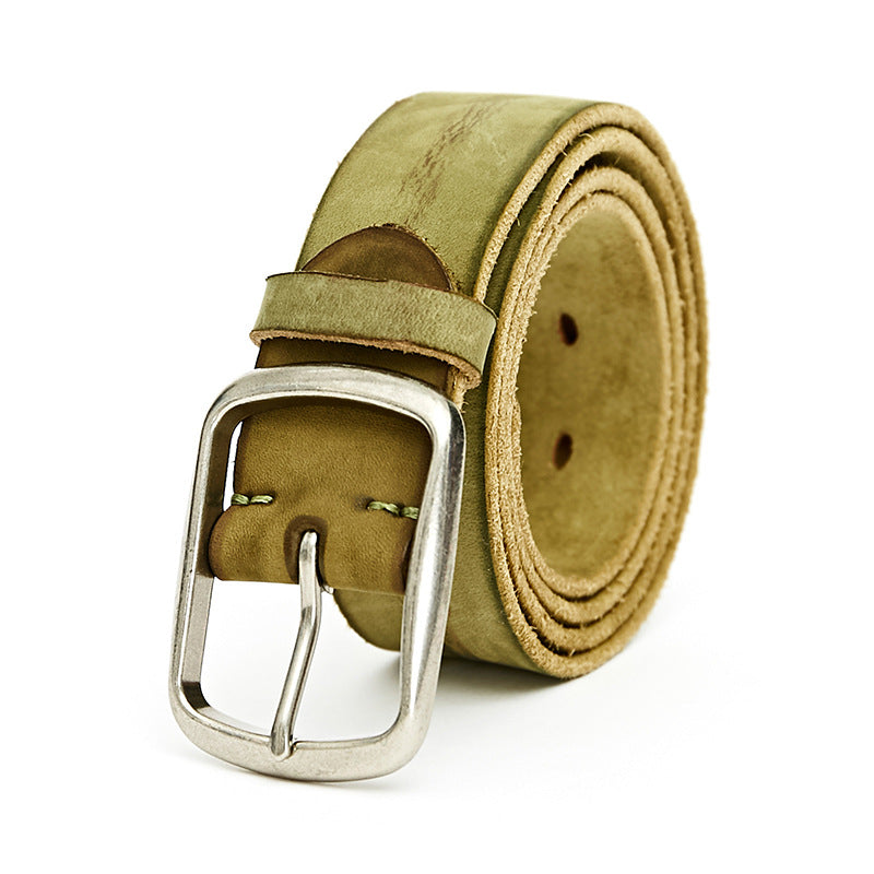 Ceinture Alma en cuir nubuck vert pour homme, avec une boucle ardillon argentée.