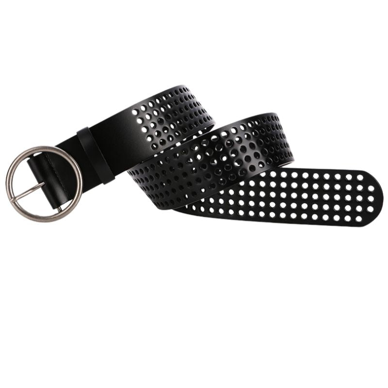 Ceinture noire perforée pour femme Alpes, avec boucle ardillon ronde argentée vieillie, style vintage.