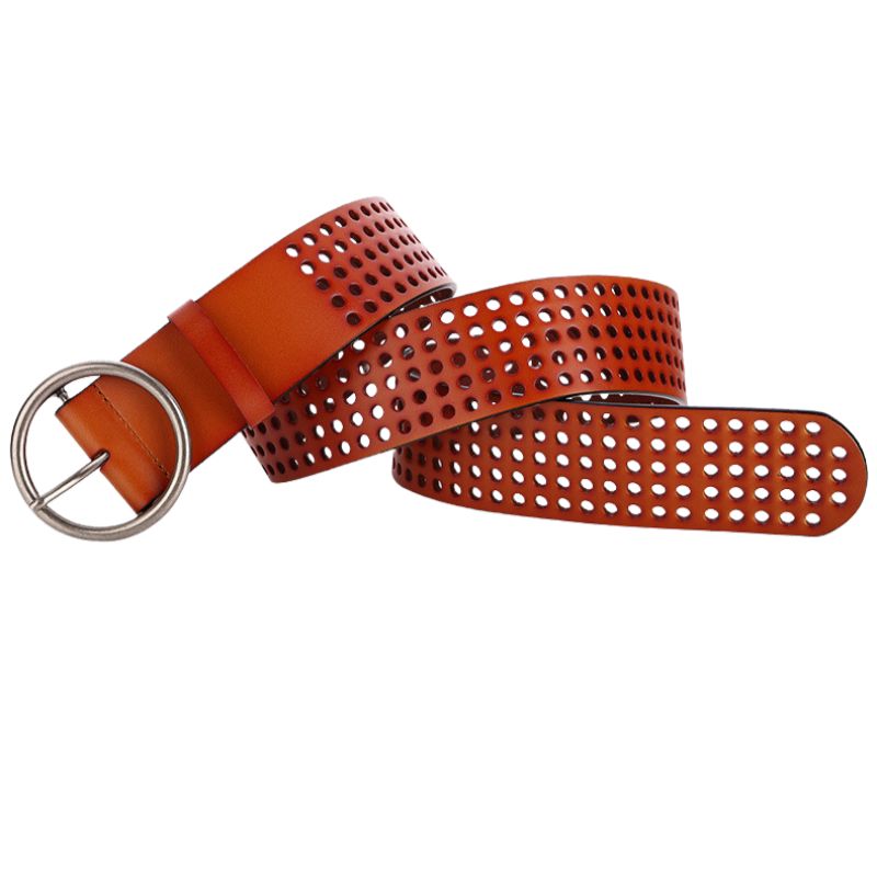 Ceinture femme Alpes en cuir marron avec perforations et boucle argentée ronde