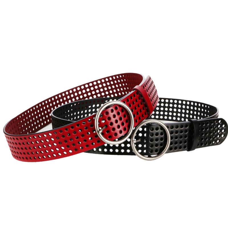 Ceintures femme Alpes rouges et noires perforées avec boucle ronde argentée vieillie