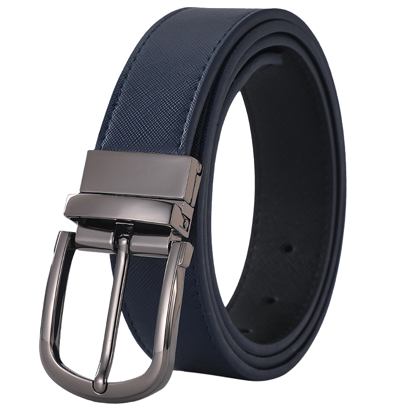 Ceinture homme Amaury 1 réversible bleu marine et noir, avec boucle ardillon argentée et système rotatif 360 degrés.