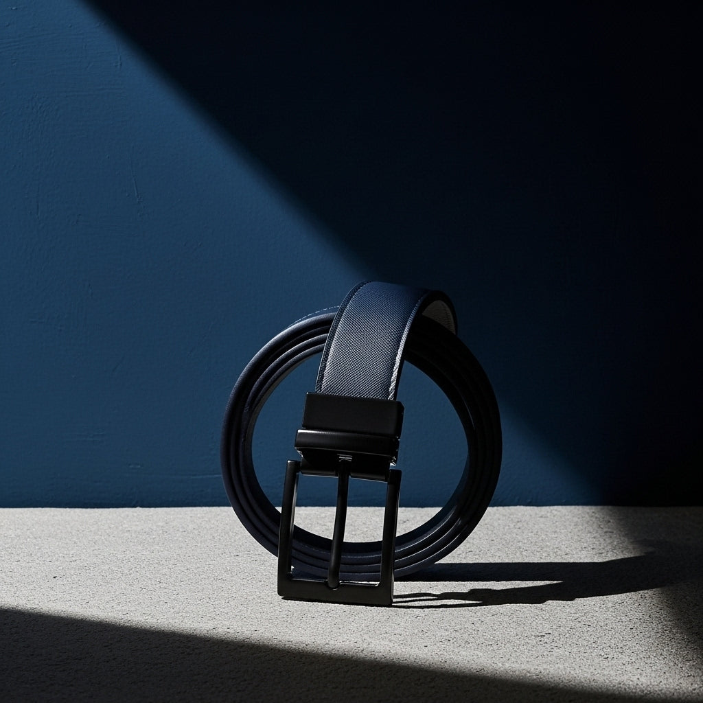 Ceinture homme Amaury 2 en cuir bleu texturé avec boucle ardillon noire. #fullwidth