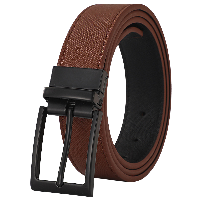 Ceinture homme réversible Amaury 2, d'un côté marron texturé et de l'autre noir, avec une boucle ardillon noire mate et un système rotatif à 360°.