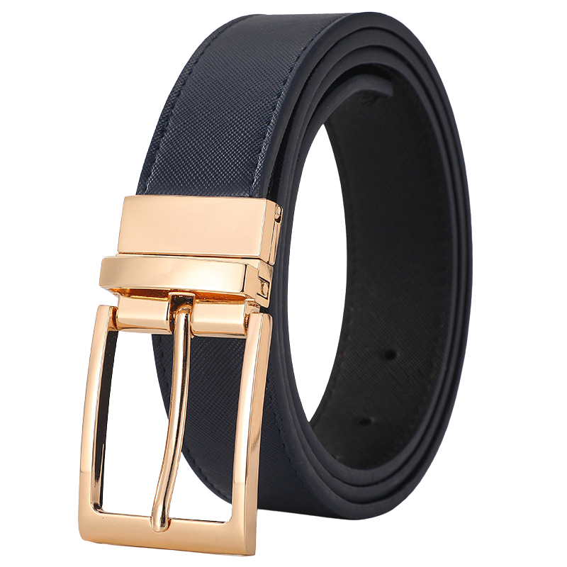 Ceinture réversible Amaury 2 en cuir bleu avec boucle ardillon dorée et système rotatif à 360°